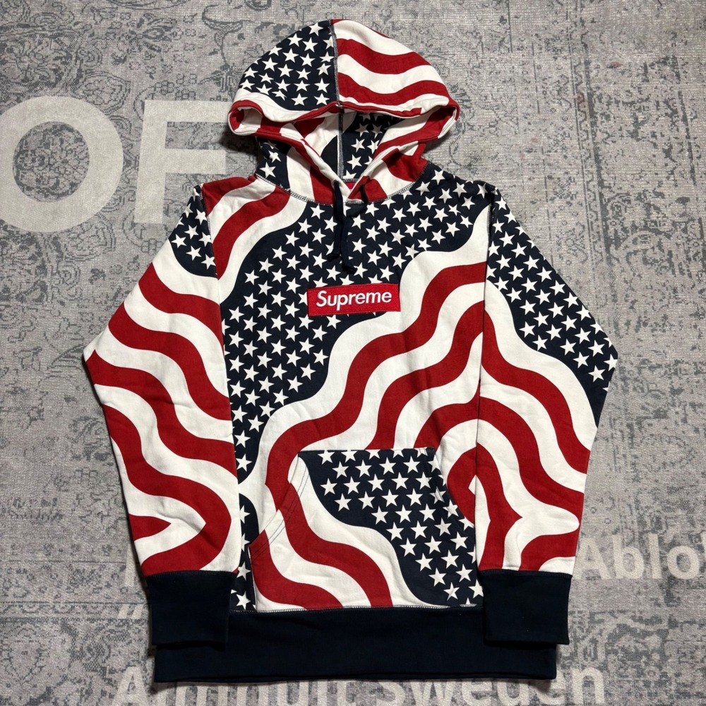 Supreme Box Logo Hoodie FW14 Flag Stars Stripes Mens Medium Red White Blue Navy